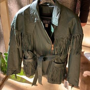 Shebang Forest Green Leather Jacket with Fringe L